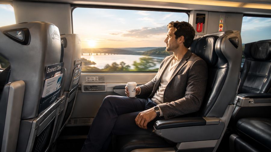 Passenger in Amtrak Acela Business Class with a coffee, seated by the window
