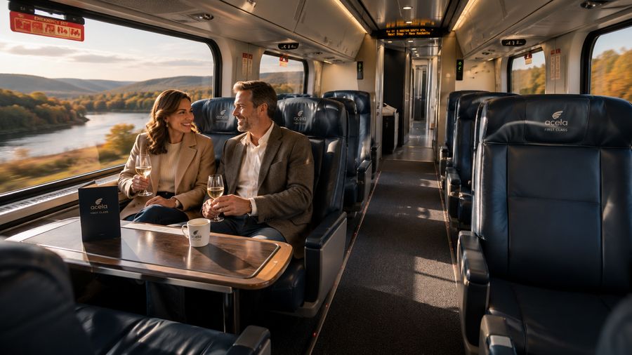 Passengers enjoying at-seat drinks in Amtrak Acela First Class