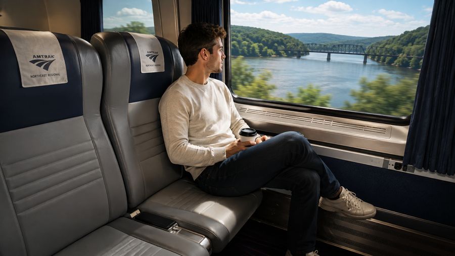Passenger relaxing in Amtrak Northeast Regional Business Class