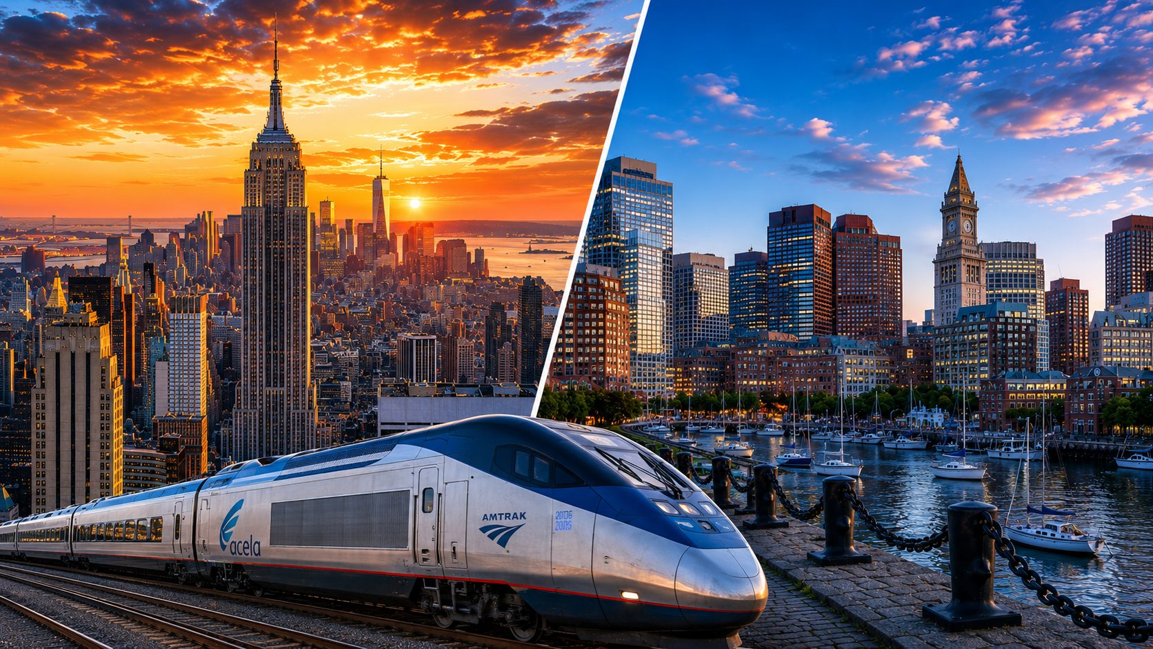 Split view of the New York City skyline at sunset and the Boston skyline at dusk, with an Amtrak Acela train in the foreground