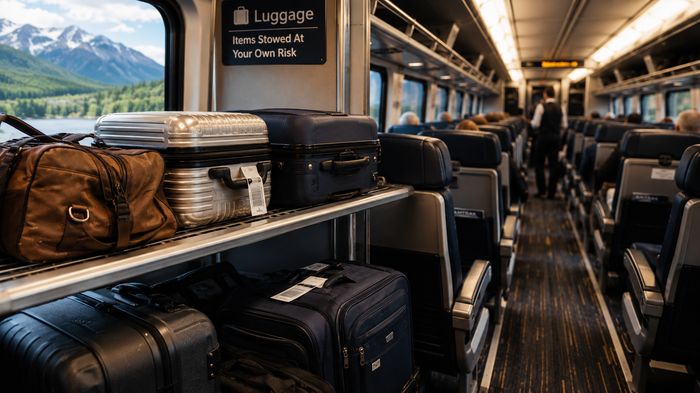 Carry-on suitcases and bags stowed on the overhead luggage rack