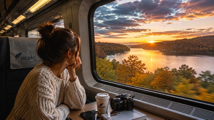 Passenger looking out the train window at a river at sunset