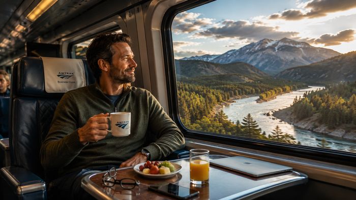 Passenger in Amtrak Business Class with coffee, fruit and a laptop at a river view