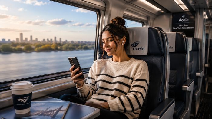 Passenger using a phone and coffee on an Acela train with the city skyline in view