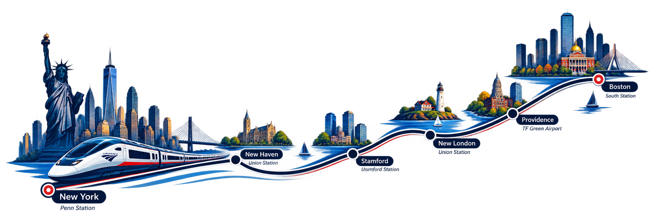 Illustrated map of the New York to Boston train route, showing stops at New York Penn Station, New Haven Union Station, Stamford Station, New London Union Station, Providence Station, and Boston South Station along the Connecticut and Rhode Island shoreline