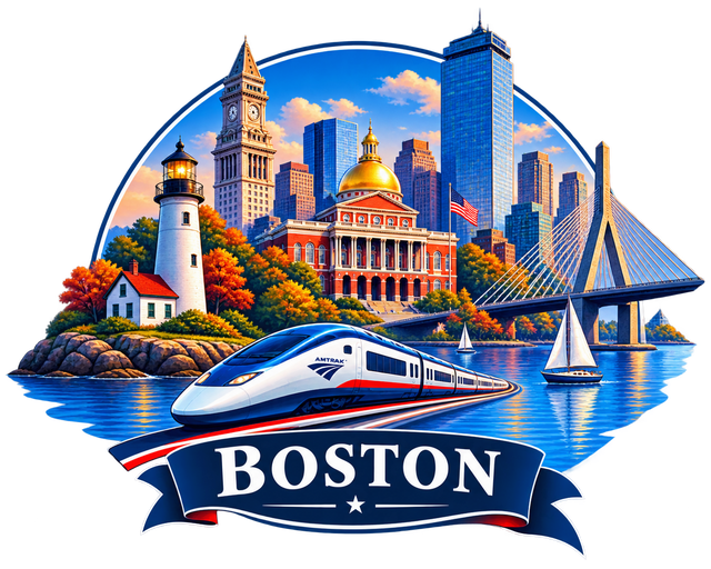 Illustrated Boston badge featuring the Custom House Tower, Massachusetts State House, a lighthouse, the Zakim Bridge, and an Amtrak Acela train