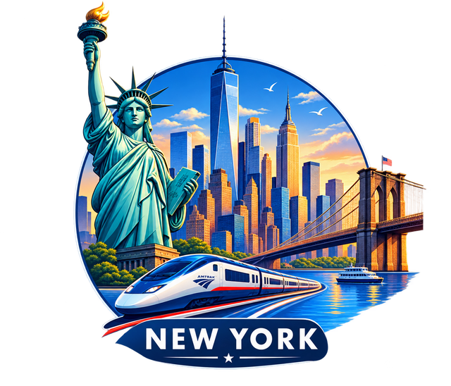 Illustrated New York badge featuring the Statue of Liberty, the Manhattan skyline, the Brooklyn Bridge, and an Amtrak Acela train